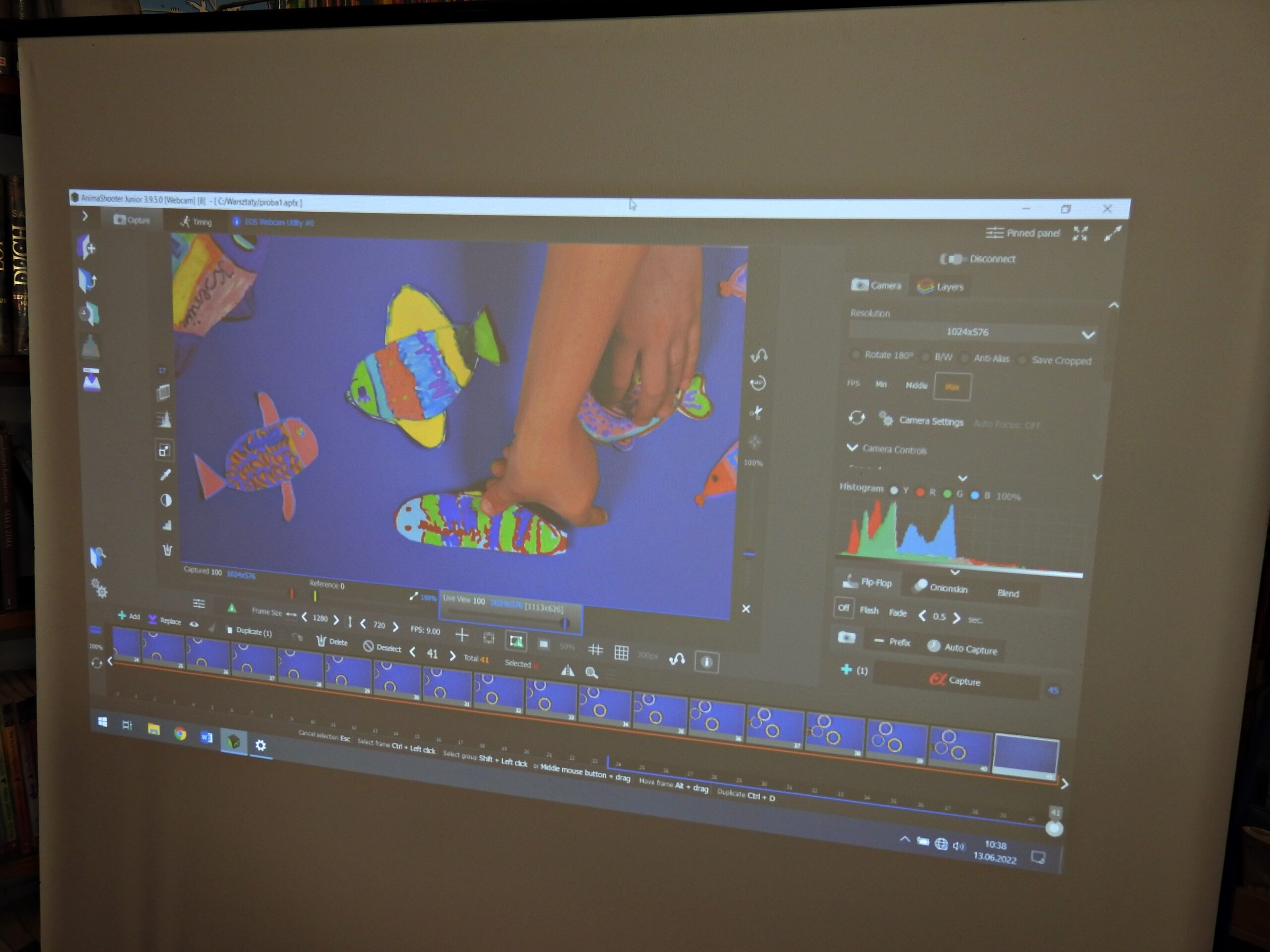 Na zdjęciu jest zrzut ekranu komputerowego. Widać na nim kilka kolorowych rybek na niebieskim tle. Dwie rybki są dotykane przez ręce. Widoczny jest również panel z ustawieniami grafiki.