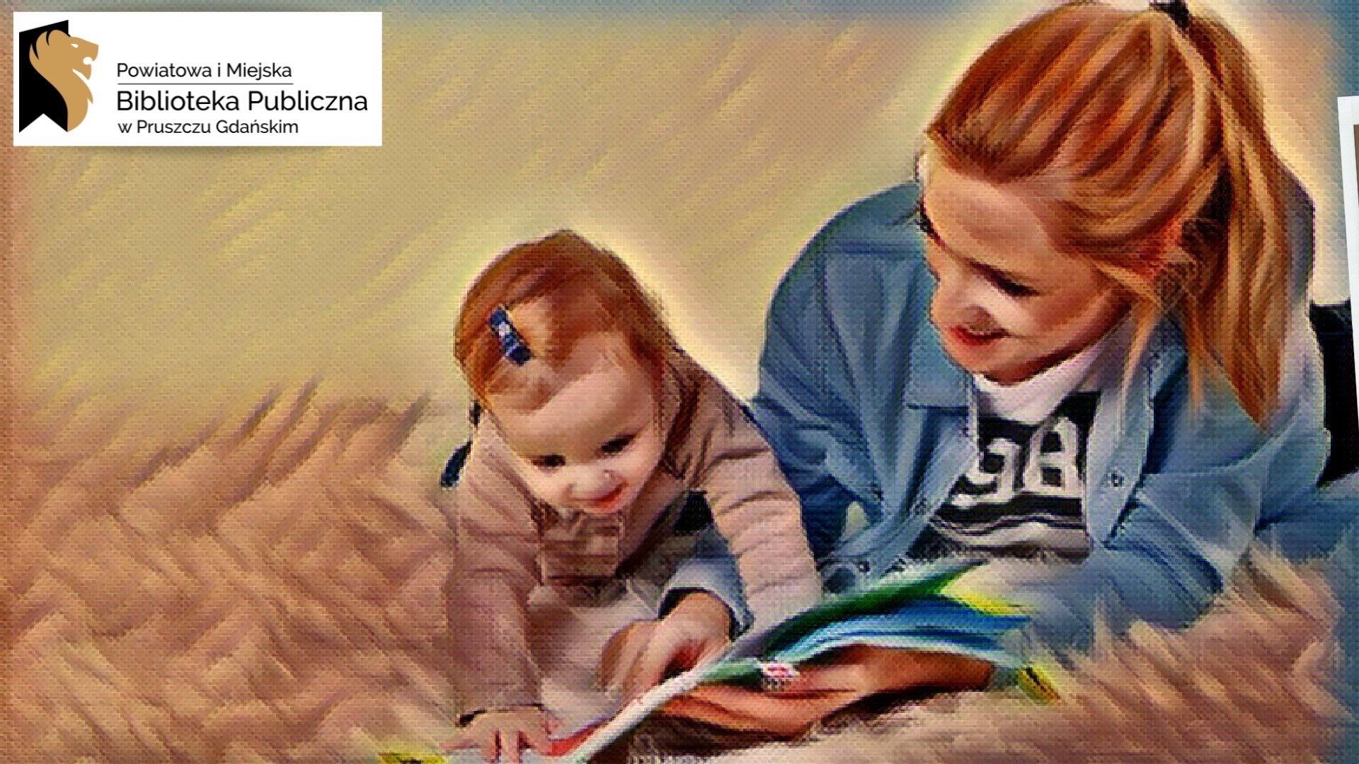 Napisy: Powiatowa i Miejska Biblioteka Publiczna w Pruszczu Gdańskim, spotkania z książką oraz grafika przedstawiająca książki, kobietę i małe dziecko patrzące w otwartą książkę.