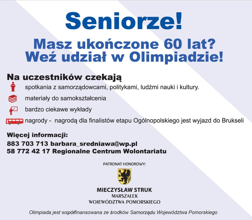 Plakat zapraszający do udziału w IV Pomorskiej Olimpiadzie Wiedzy Obywatelskiej "Senior Obywatel"