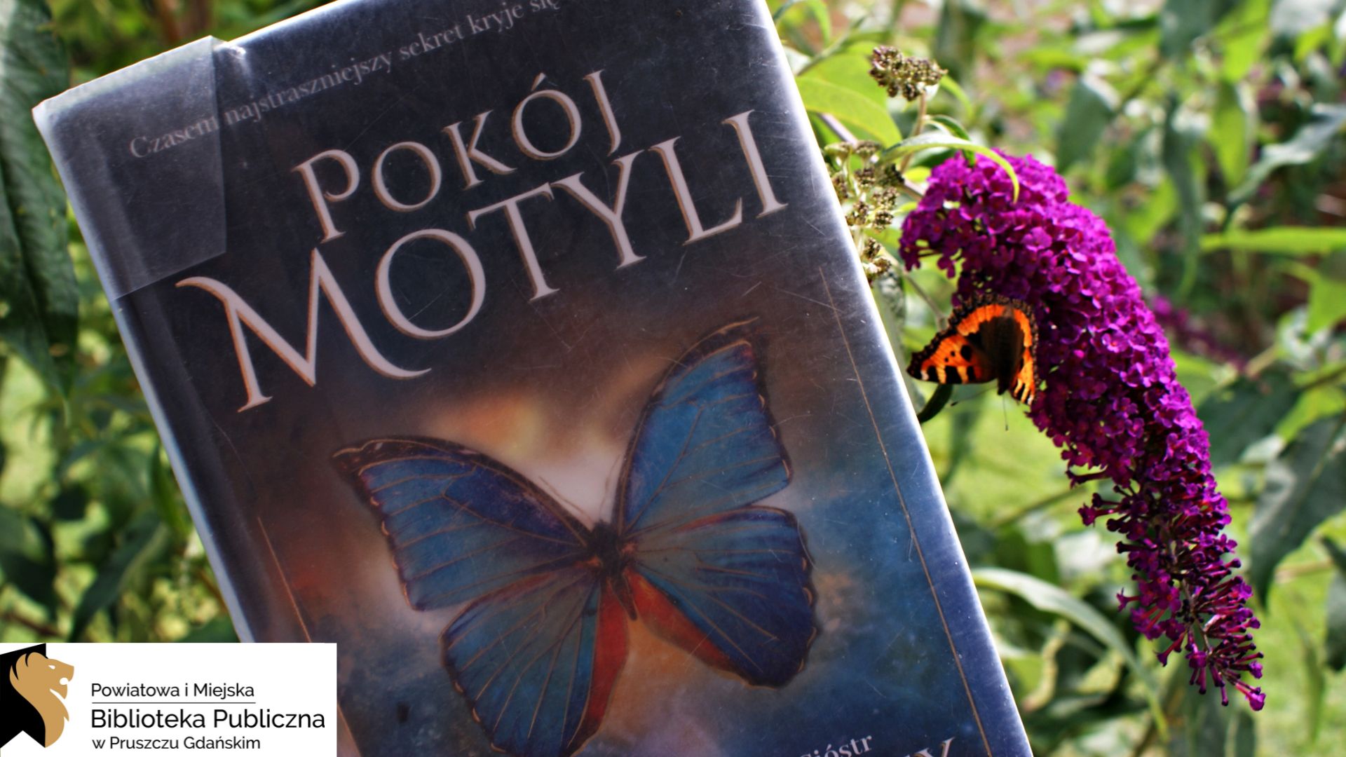 Książka pt. Pokój motyli jest trzymana obok kwiatu budlei, na którym siedzi motyl – rusałka pokrzywnik. Na okładce książki znajduje się niebieski motyl. W tle zielone liście.