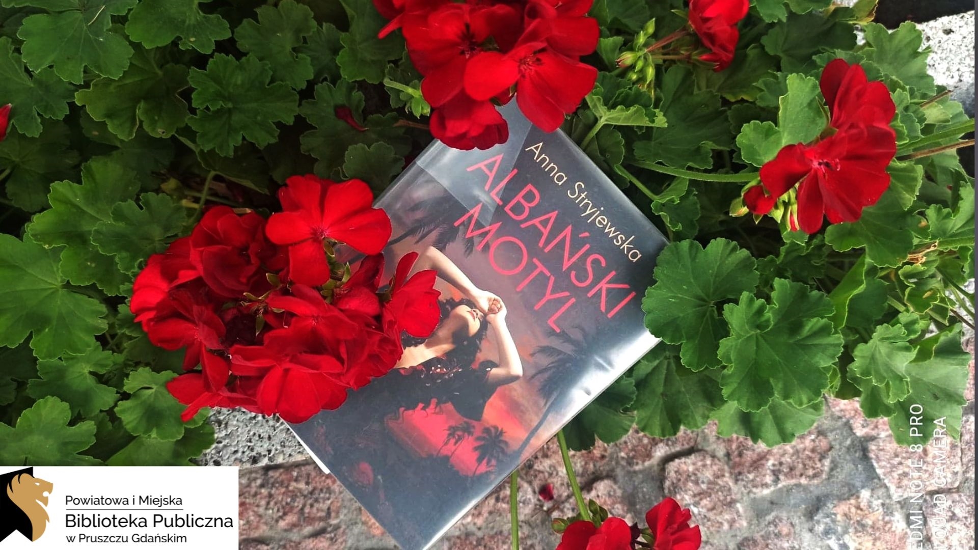 WśródKsiążka pt. Albański motyl śród czerwonych kwiatów.Na okładce jest kobieta w bordowej sukni trzymająca ręce na głowie. Patrzy w górę. Za nią palmy na tle czerwonego nieba.