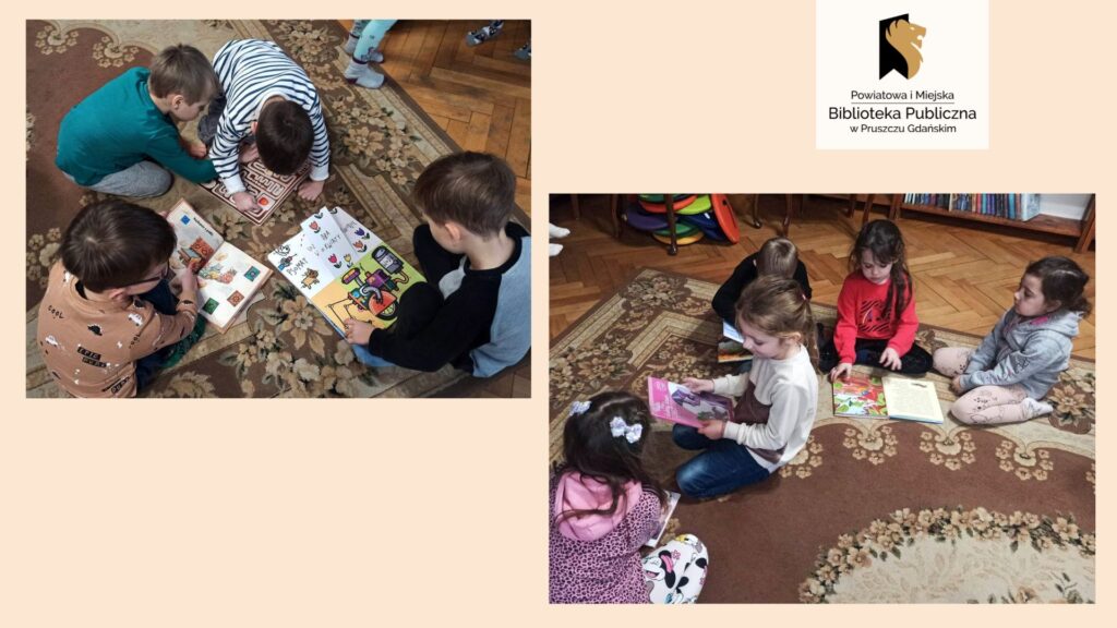 Grafika składa się z dwóch zdjęć przedstawiających dwie grupy dzieci, które siedząc na dywanie oglądają książki.