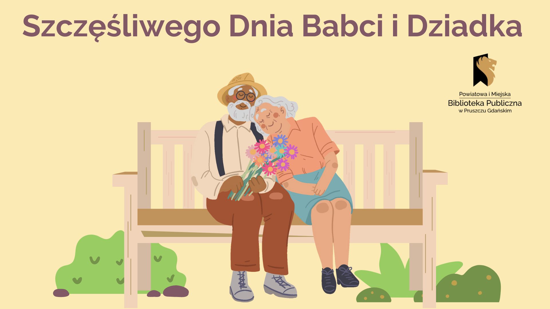 Napis: Szczęśliwego Dnia Babci i Dziadka, logo biblioteki oraz grafika przedstawiająca babcię i dziadka siedzących na ławce.