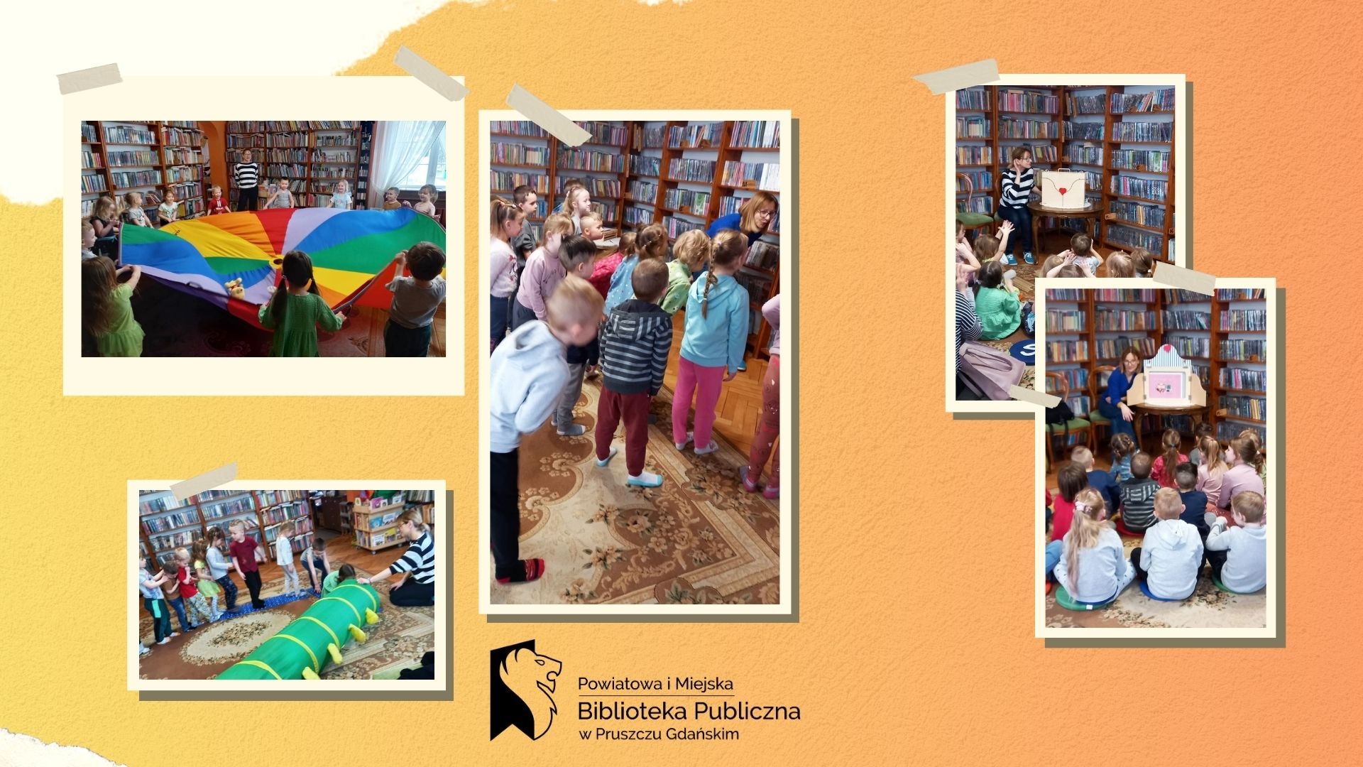 a pomarańczowym tle kolaż 5 zdjęć przedstawiących dzieci i bibliotekarkę podczas lekcji bibliotecznej. Na zdjęciach dzieci siedzi i słuchają teatrzyku kamishibai, bawia się korlową chustą Klanzy oraz wchodzą do zielonego tunelu. Na dole logo biblioteki.
