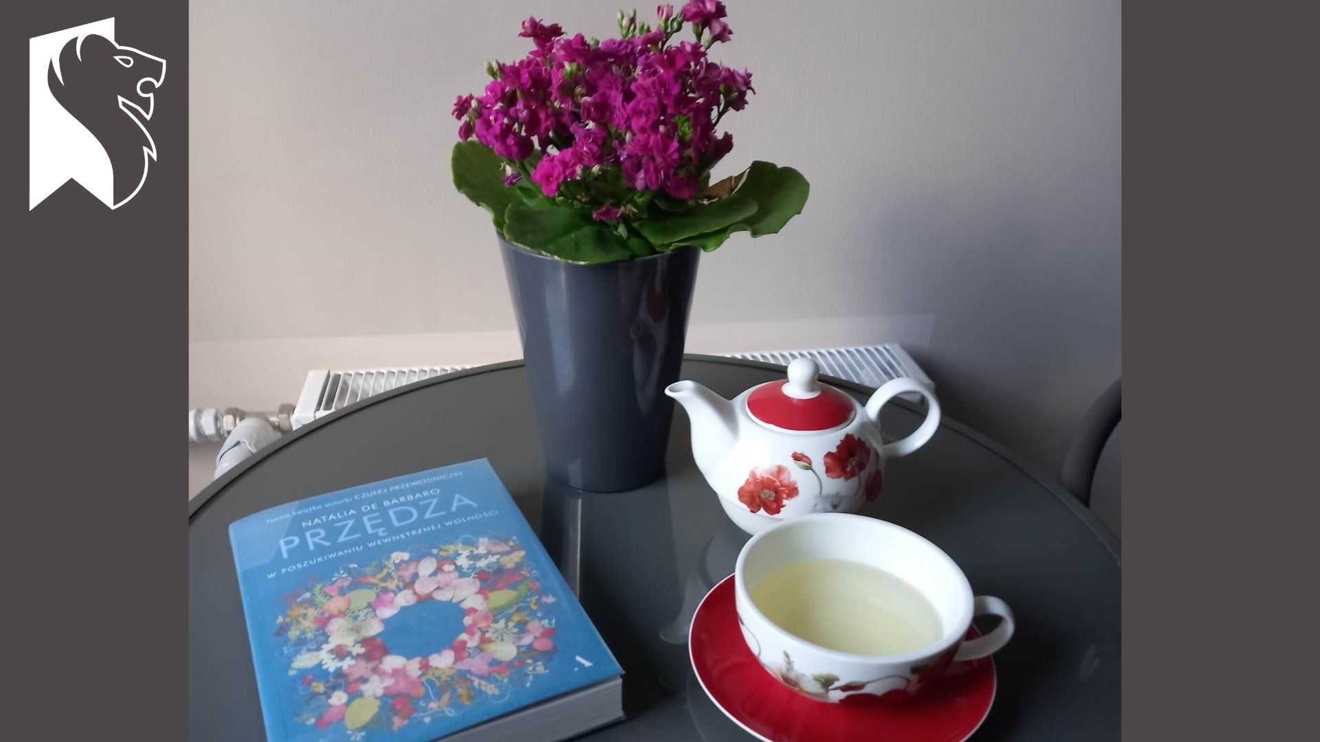 Stoliku leży książka pt. Przędza Natalia de Barbaro. Obok książki stoi kwiat w doniczce, biały dzbanuszek z makami oraz filiżanka z napojem.