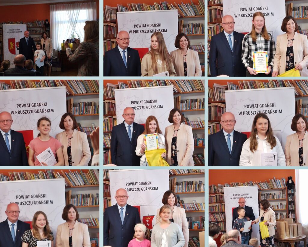 Kolaż 9 zdjęć. Starosta Powiatu Gdańskiego Marian Cichon oraz członkini zarządu Natalia Błońska wręczają laureatom nagrody. 