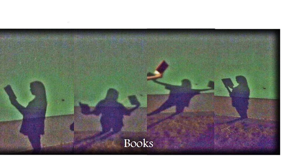 Kolaż 4 zdjęć przedstawiających cień dziewczyny trzymającej w reckach książkę. Na dole napis: books.