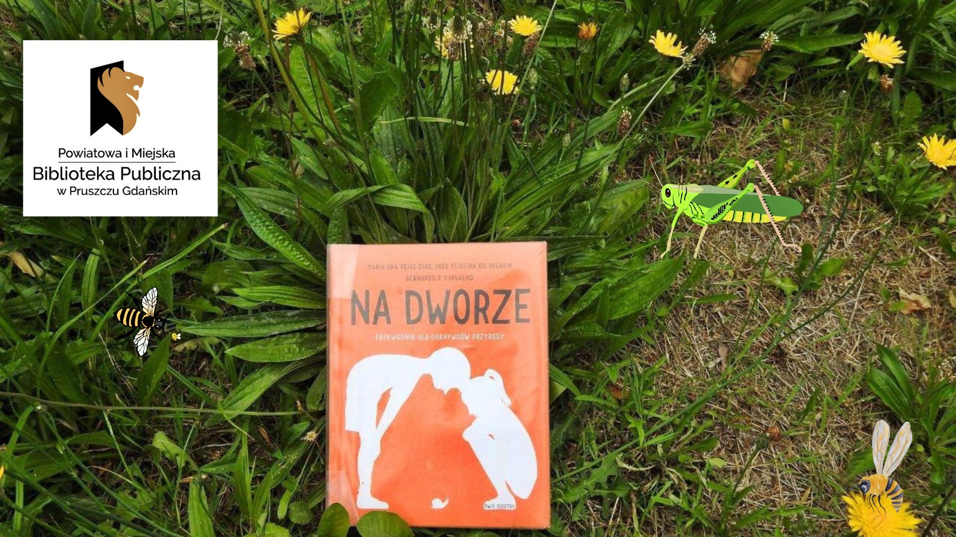 : Książka „Na dworze. Przewodnik dla odkrywców przyrody” leży na trawie. Wokół żółte kwiaty. U góry po lewej logotyp biblioteki w Pruszczu Gdańskim.