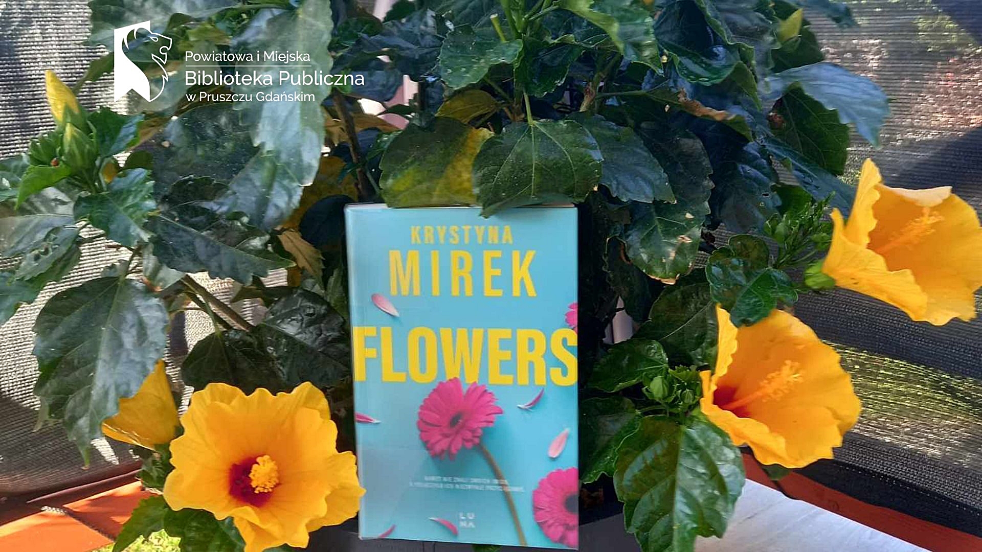 Książka Krystyny Mirek pt. Flowers wyeksponownana na tle żółtego hibiskusa.