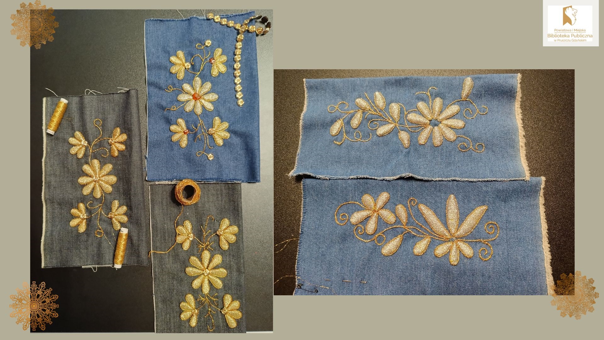 Kawałki jeansowego materiału haftowane złotą i srebrną nicią