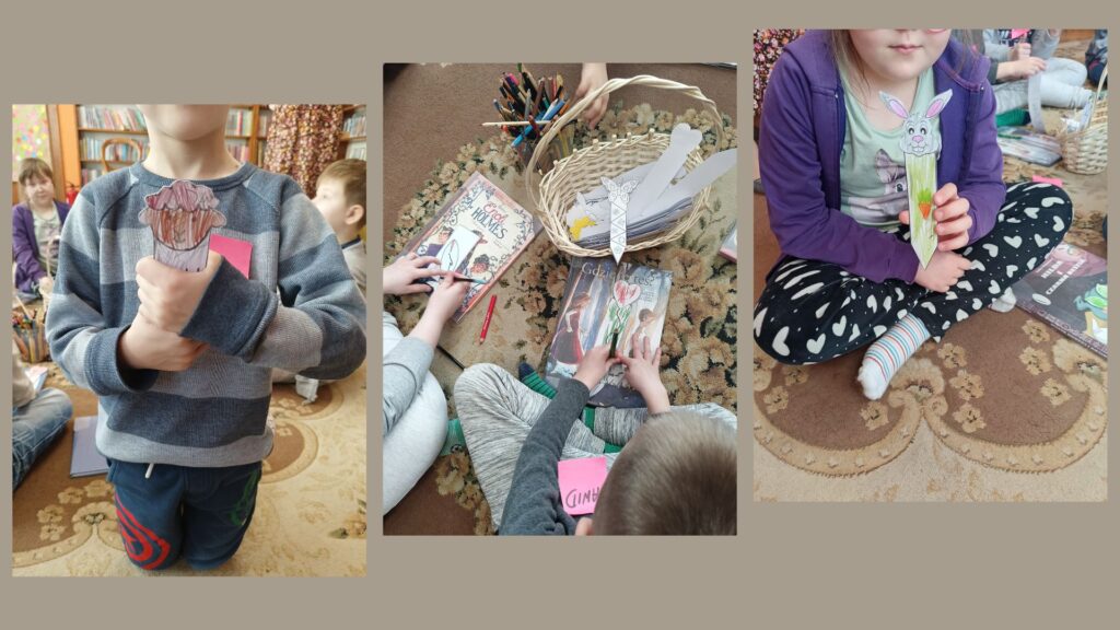 Kolaż trzech zdjęć. Dzieci prezentujące wykonane przez siebie zakładki. Dzieci na dywanie w trakcie wykonywania prac plastycznych.